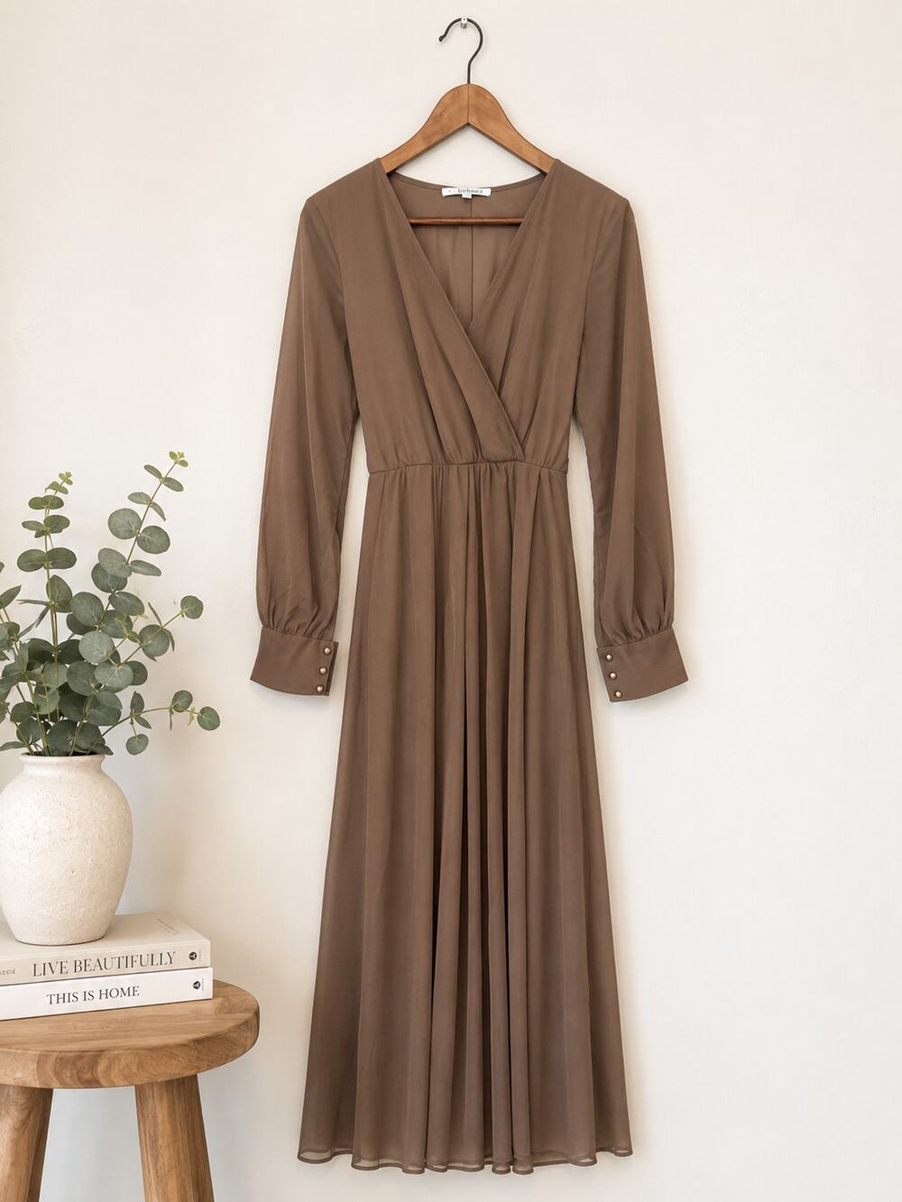 NWOT Baltic Born Brown Chiffon Maxi Dress Size S Neutral Faux Wrap Flowy Boho